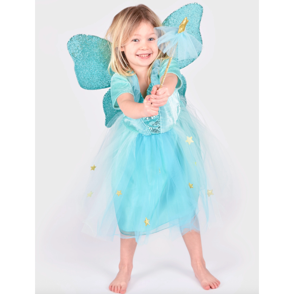Chiffon Aqua Dress with Gold Trim & Wand & Sparkling Fairy Wings
