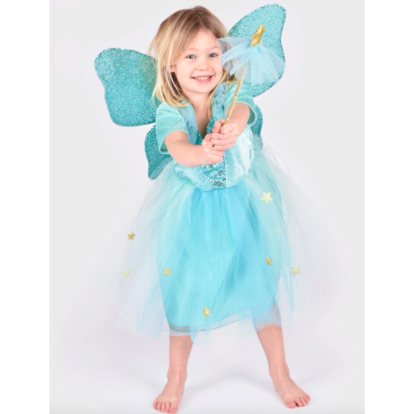 Chiffon Aqua Dress with Gold Trim & Wand & Sparkling Fairy Wings