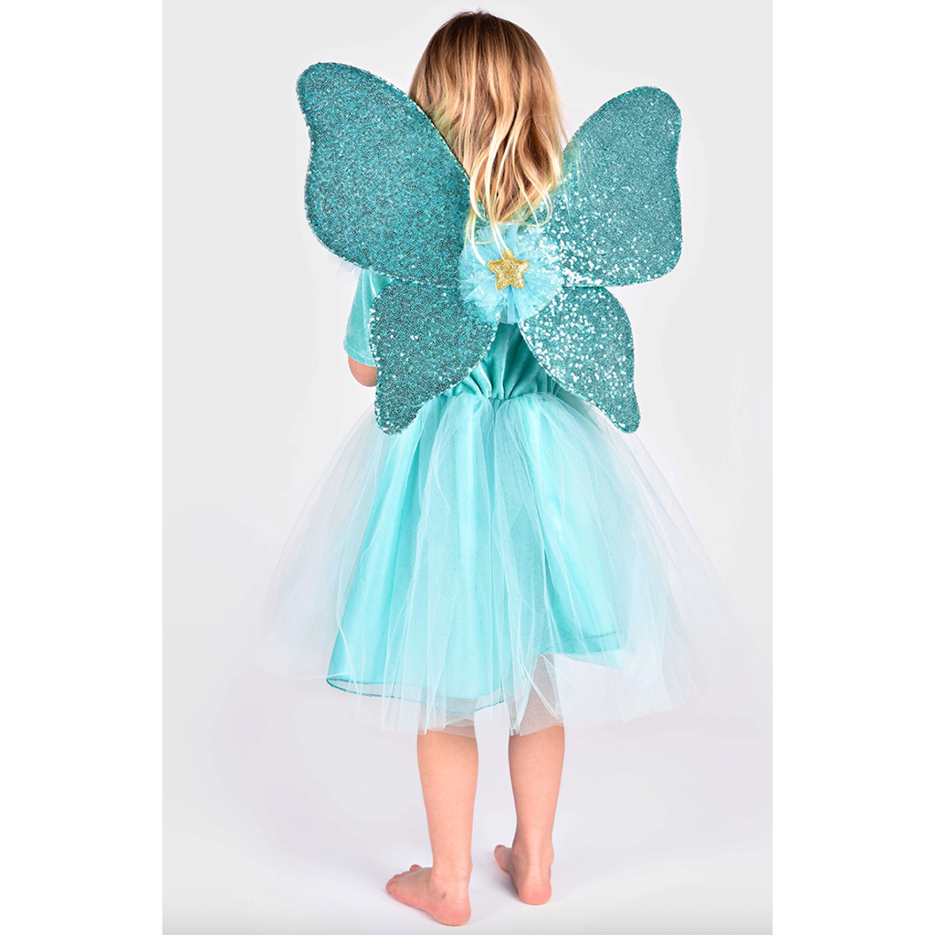 Chiffon Aqua Dress with Gold Trim & Wand & Sparkling Fairy Wings