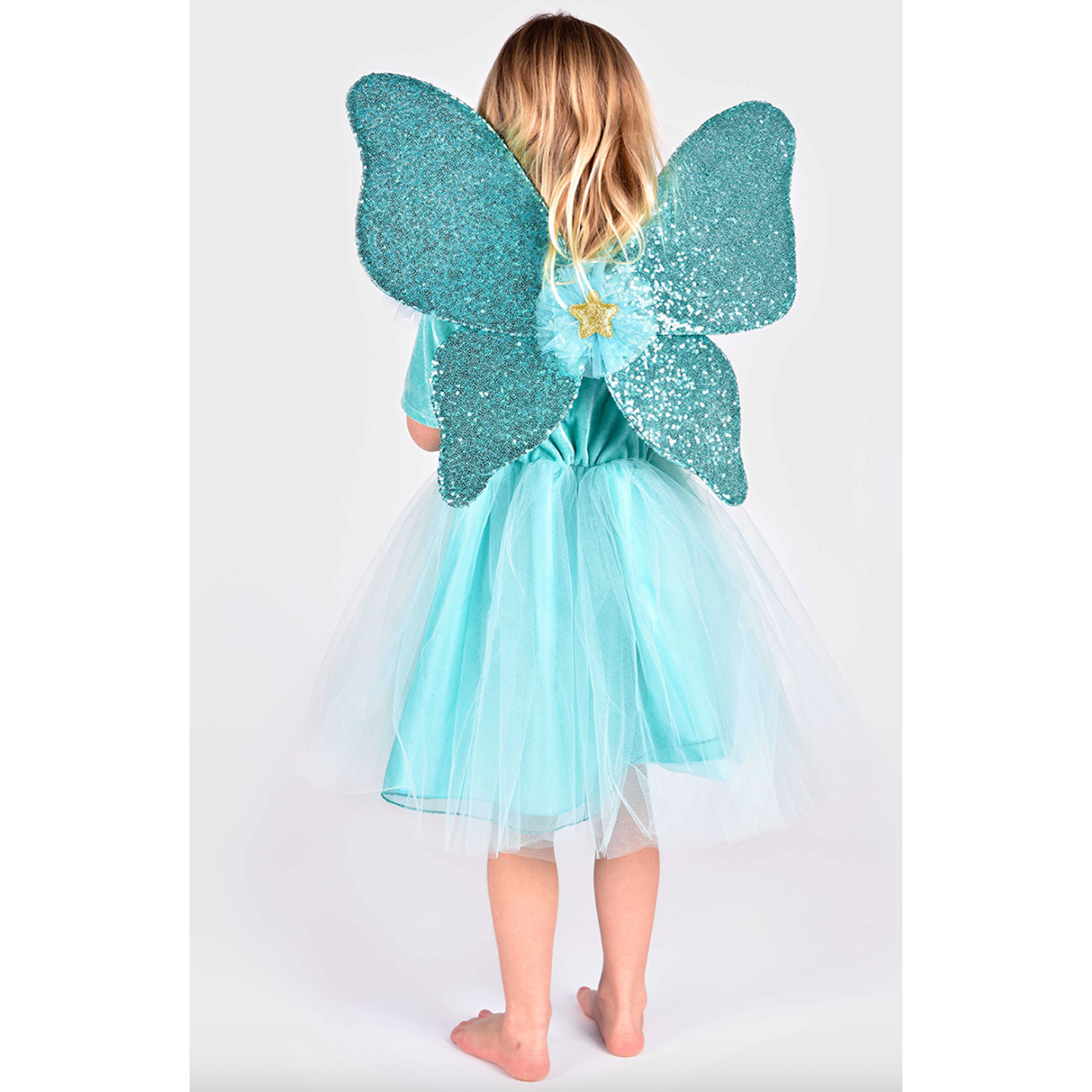 Chiffon Aqua Dress with Gold Trim & Wand & Sparkling Fairy Wings