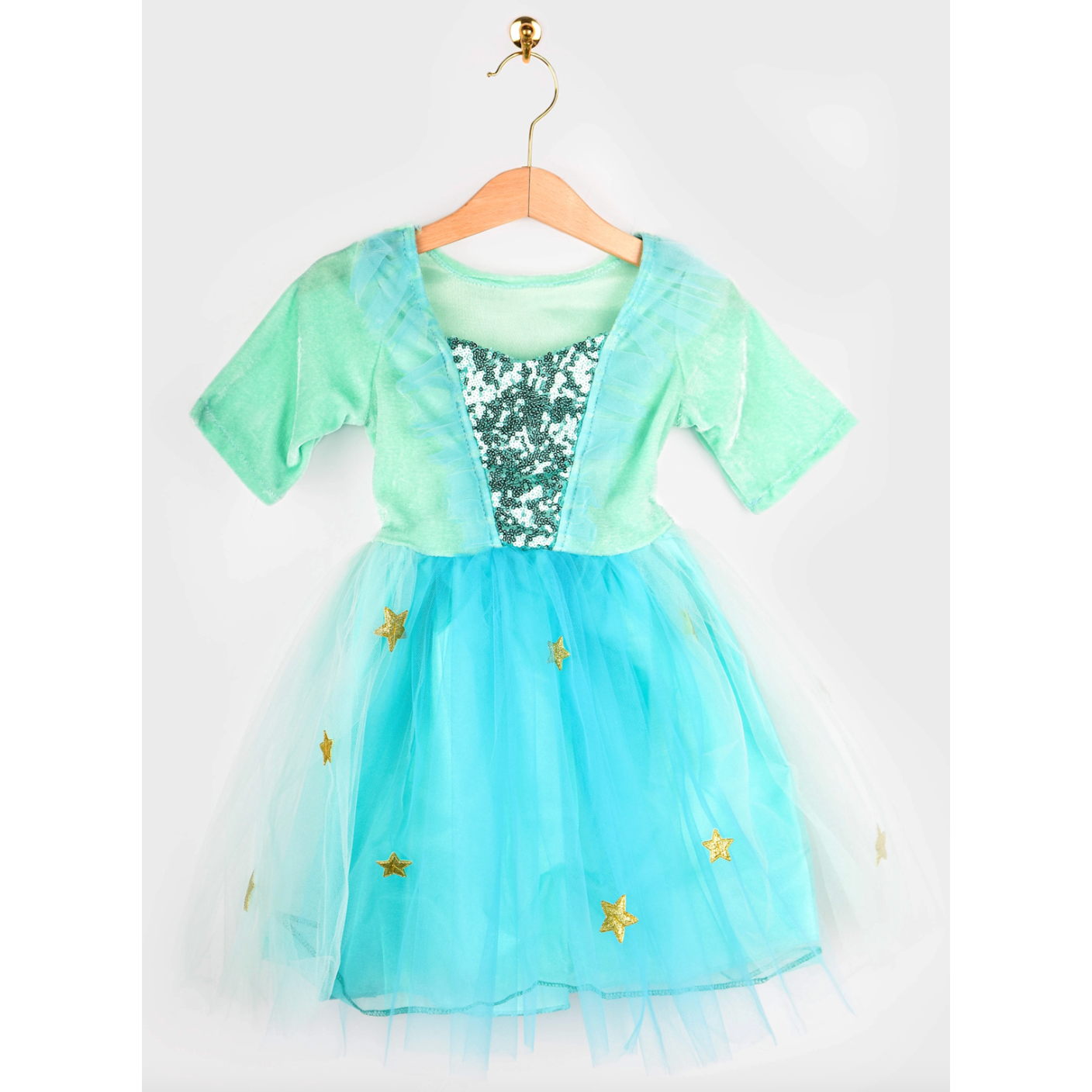 Chiffon Aqua Dress with Gold Trim & Wand & Sparkling Fairy Wings