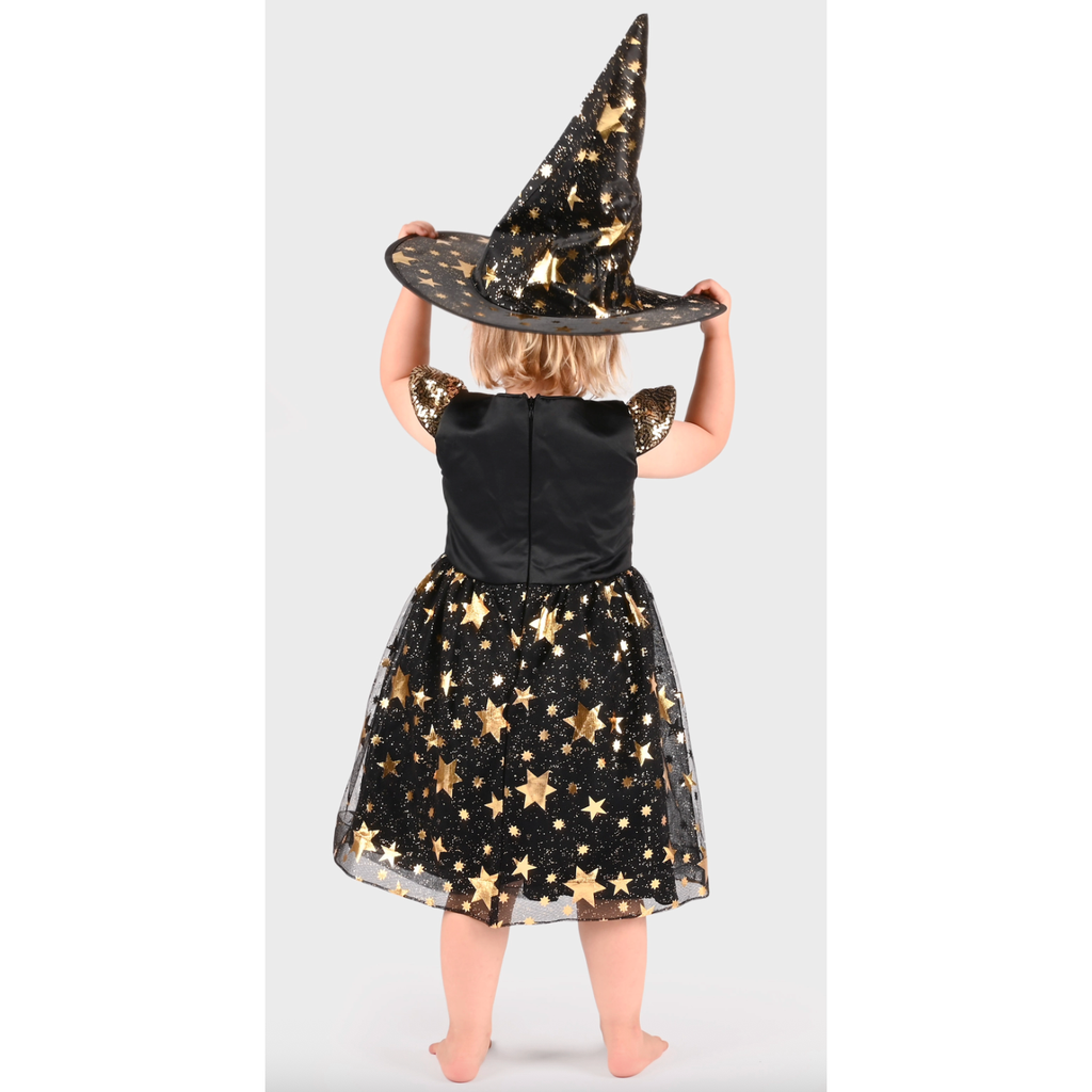 Black and Gold Sequin Star Witch Dress with Hat